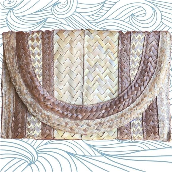 Wicker hand purse tropical beach straw woven khaki Hawiiaan bag envelope - Picture 1 of 6